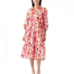 NWT Philosophy Women's 3/4 Sleeve Tiered Printed Pink & Orange Midi Dress XL